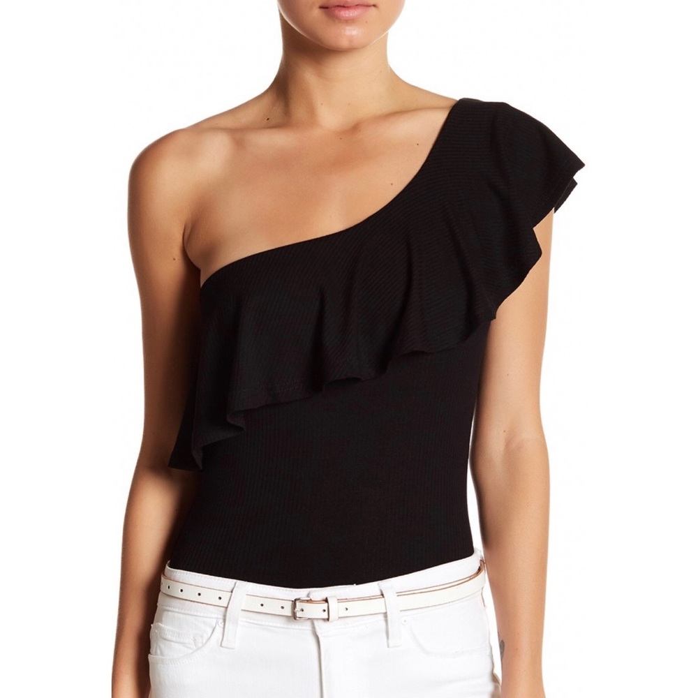 Honey Punch Ruffle One Shoulder Black Body Suit